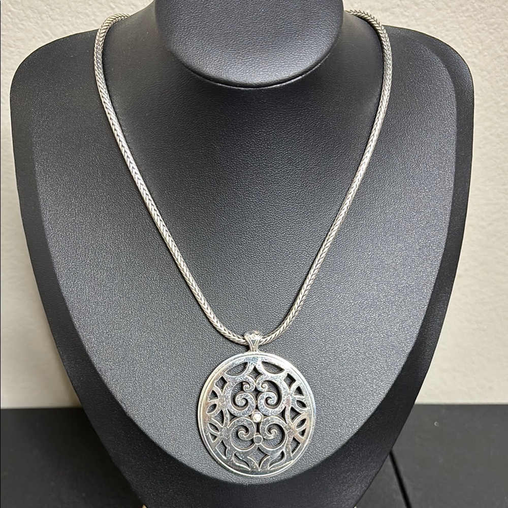 Brighton Oval Crystal Jeweled Silver Scrolled Round Pendant Necklace